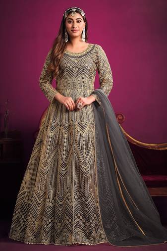 Grey net sequins work semi stitched size up to 42 salwar suits