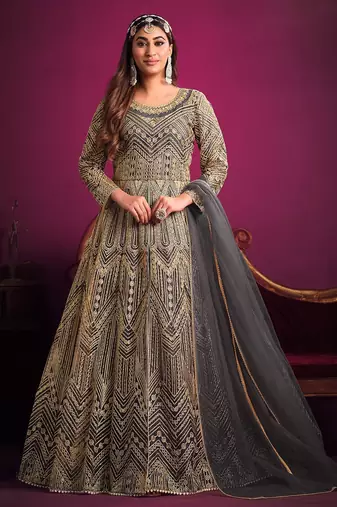 Grey net sequins work semi stitched size up to 42 salwar suits
