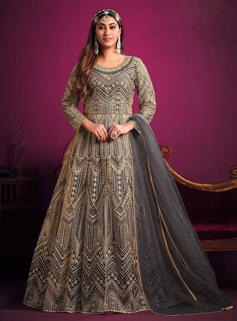 Grey net sequins work semi stitched size up to 42 salwar suits