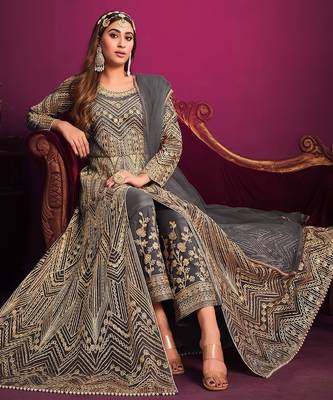 Grey net sequins work semi stitched size up to 42 salwar suits 2