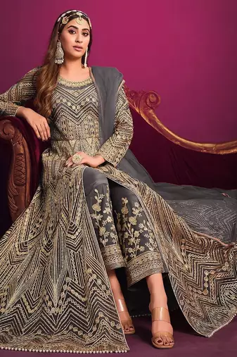 Grey net sequins work semi stitched size up to 42 salwar suits