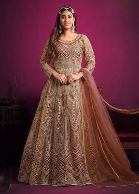 Mauve net sequins work semi stitched size up to 42 salwar suits 1