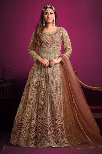 Mauve net sequins work semi stitched size up to 42 salwar suits