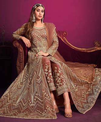 Mauve net sequins work semi stitched size up to 42 salwar suits 2