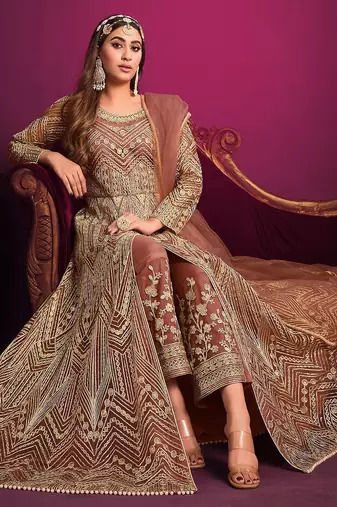 Mauve net sequins work semi stitched size up to 42 salwar suits