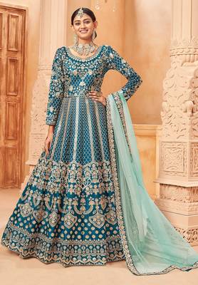 Teal blue art silk sequins work semi stitched size up to 42 salwar suits 1