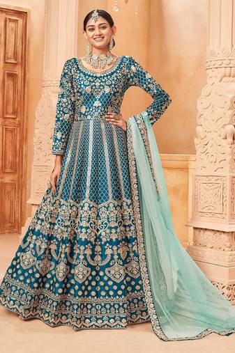 Teal blue art silk sequins work semi stitched size up to 42 salwar suits