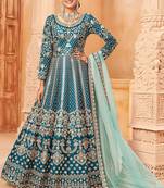 Teal blue art silk sequins work semi stitched size up to 42 salwar suits