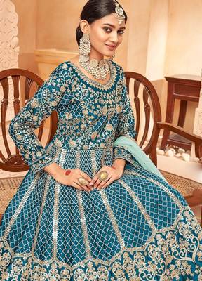 Teal blue art silk sequins work semi stitched size up to 42 salwar suits 2