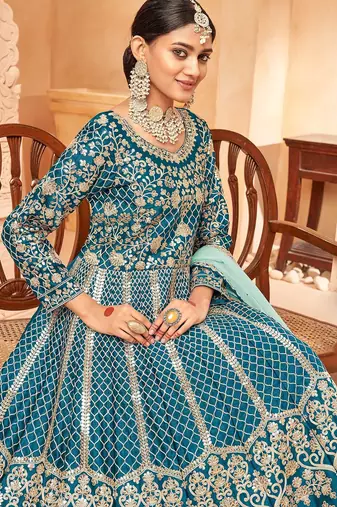 Teal blue art silk sequins work semi stitched size up to 42 salwar suits