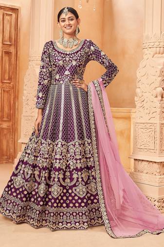Purple art silk sequins work semi stitched size up to 42 salwar suits
