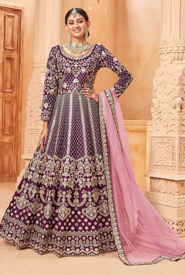 Purple art silk sequins work semi stitched size up to 42 salwar suits