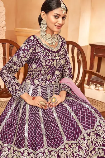 Purple art silk sequins work semi stitched size up to 42 salwar suits