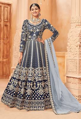 Blue art silk sequins work semi stitched size up to 42 salwar suits 1