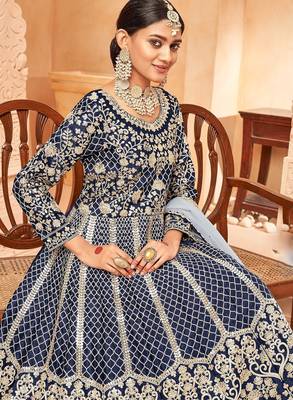 Blue art silk sequins work semi stitched size up to 42 salwar suits 2