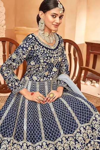 Blue art silk sequins work semi stitched size up to 42 salwar suits
