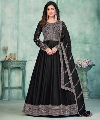Black art silk hand embroidery semi stitched size up to 42 salwar suits 1