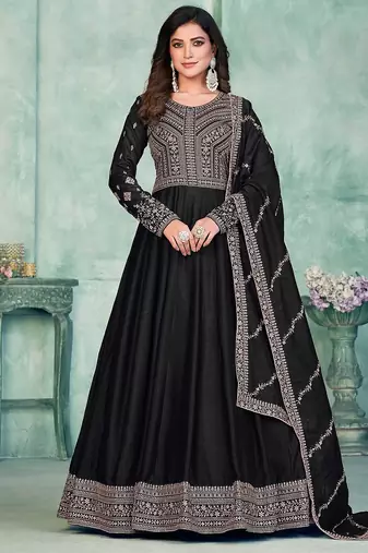 Black art silk hand embroidery semi stitched size up to 42 salwar suits