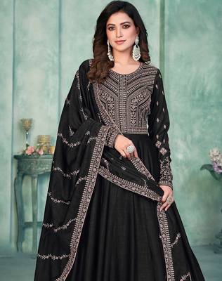 Black art silk hand embroidery semi stitched size up to 42 salwar suits 2