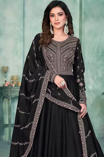 Black art silk hand embroidery semi stitched size up to 42 salwar suits