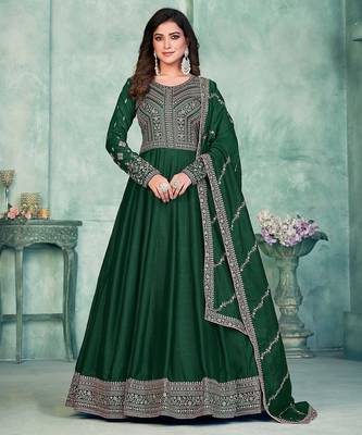 Green art silk hand embroidery semi stitched size up to 42 salwar suits 1