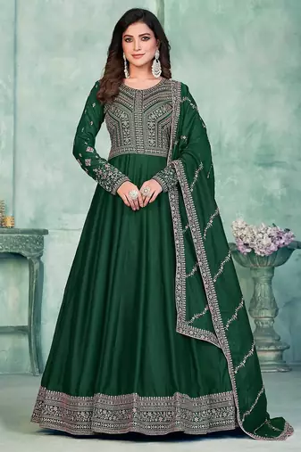 Green art silk hand embroidery semi stitched size up to 42 salwar suits