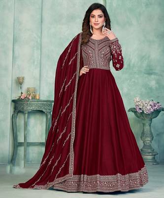 Maroon art silk hand embroidery semi stitched size up to 42 salwar suits 1