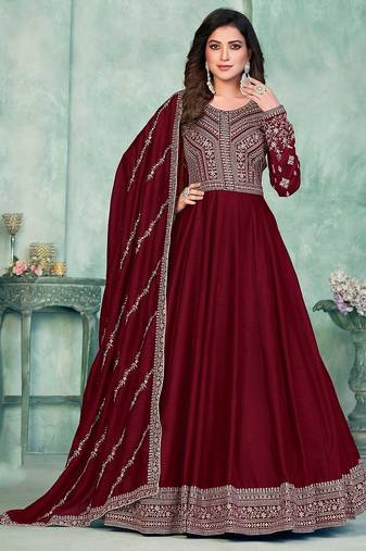 Maroon art silk hand embroidery semi stitched size up to 42 salwar suits