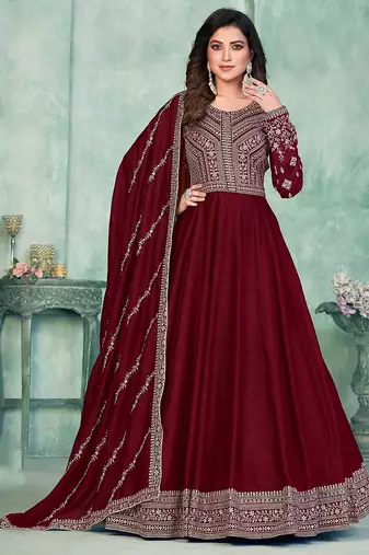 Maroon art silk hand embroidery semi stitched size up to 42 salwar suits