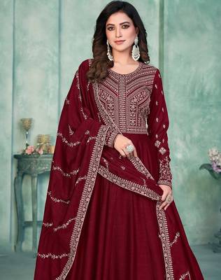 Maroon art silk hand embroidery semi stitched size up to 42 salwar suits 2