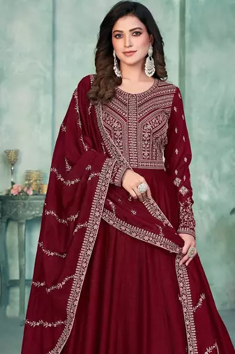 Maroon art silk hand embroidery semi stitched size up to 42 salwar suits