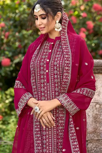 Pink art silk sequins work semi stitched size up to 42 salwar suits
