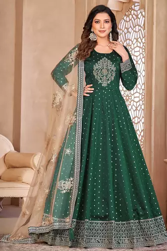 Green art silk sequins work semi stitched size up to 42 salwar suits