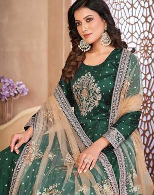 Green art silk sequins work semi stitched size up to 42 salwar suits 2