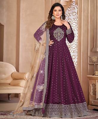 Purple art silk sequins work semi stitched size up to 42 salwar suits 1
