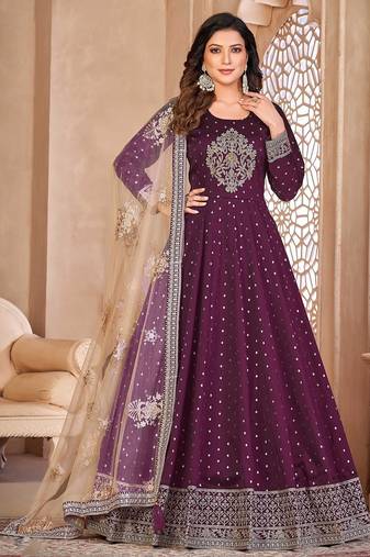Purple art silk sequins work semi stitched size up to 42 salwar suits