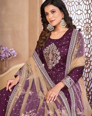 Purple art silk sequins work semi stitched size up to 42 salwar suits 2