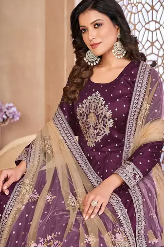 Purple art silk sequins work semi stitched size up to 42 salwar suits