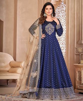 Blue art silk sequins work semi stitched size up to 42 salwar suits 1