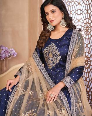 Blue art silk sequins work semi stitched size up to 42 salwar suits 2