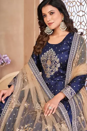Blue art silk sequins work semi stitched size up to 42 salwar suits