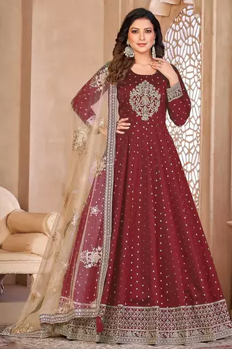 Maroon art silk sequins work semi stitched size up to 42 salwar suits
