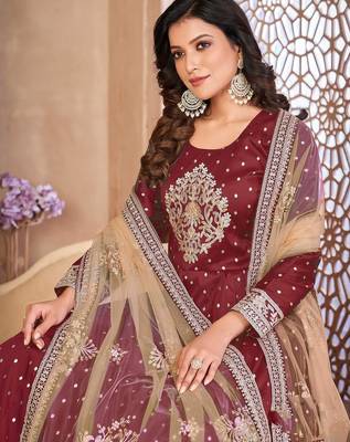 Maroon art silk sequins work semi stitched size up to 42 salwar suits 2