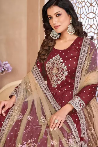 Maroon art silk sequins work semi stitched size up to 42 salwar suits
