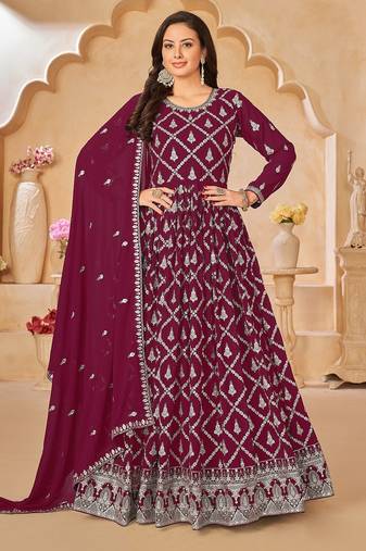 Wine georgette sequins work semi stitched size up to 42 salwar suits