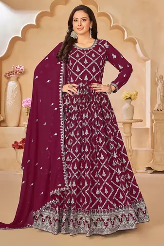 Wine georgette sequins work semi stitched size up to 42 salwar suits