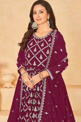 Wine georgette sequins work semi stitched size up to 42 salwar suits