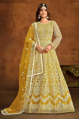 Yellow net thread work semi stitched size up to 42 salwar suits