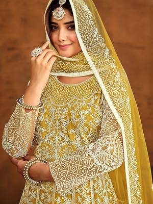 Yellow net thread work semi stitched size up to 42 salwar suits 2