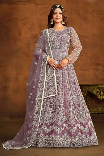 Purple net thread work semi stitched size up to 42 salwar suits
